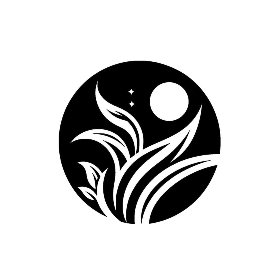 Black circular of stylized white leaves, moon, and stars set against a textured black background, conveying peaceful nature. vector