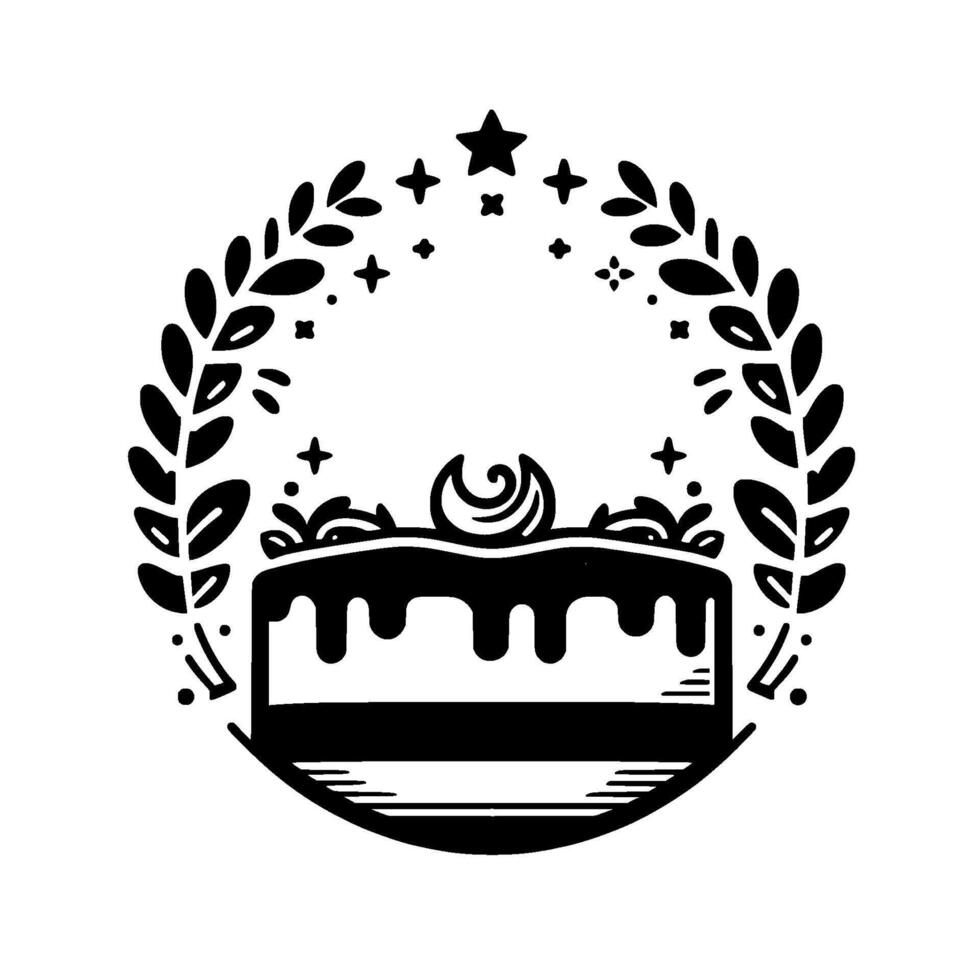 A stylized black and white birthday cake illustration, encircled by a laurel wreath, stars, and decorative elements, evoking celebration. vector