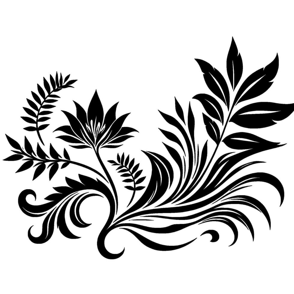 Elegant Black White Floral Motif with Stylized Leaves, Petals, and Swirls on a Clean White Background, Suitable for vector