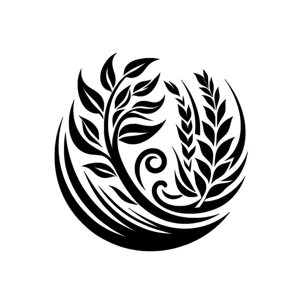 Intricate, Black and White Circular Featuring Stylized Wheat and Leafy Branches, Evoking a Sense of Nature and Harmony. vector