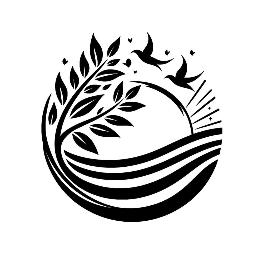 Black and white minimalist illustration Tree with leaves, birds in flight, sun, and flowing landscape elements within a circular frame. vector