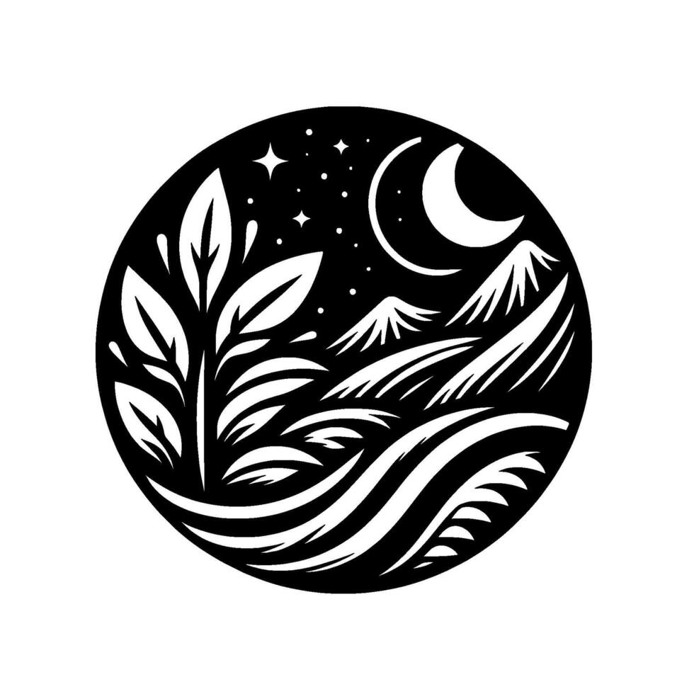 Black and White Circular Nature Illustration Mountain Landscape, Crescent Moon, Stars, Foliage, Artistic Design. vector