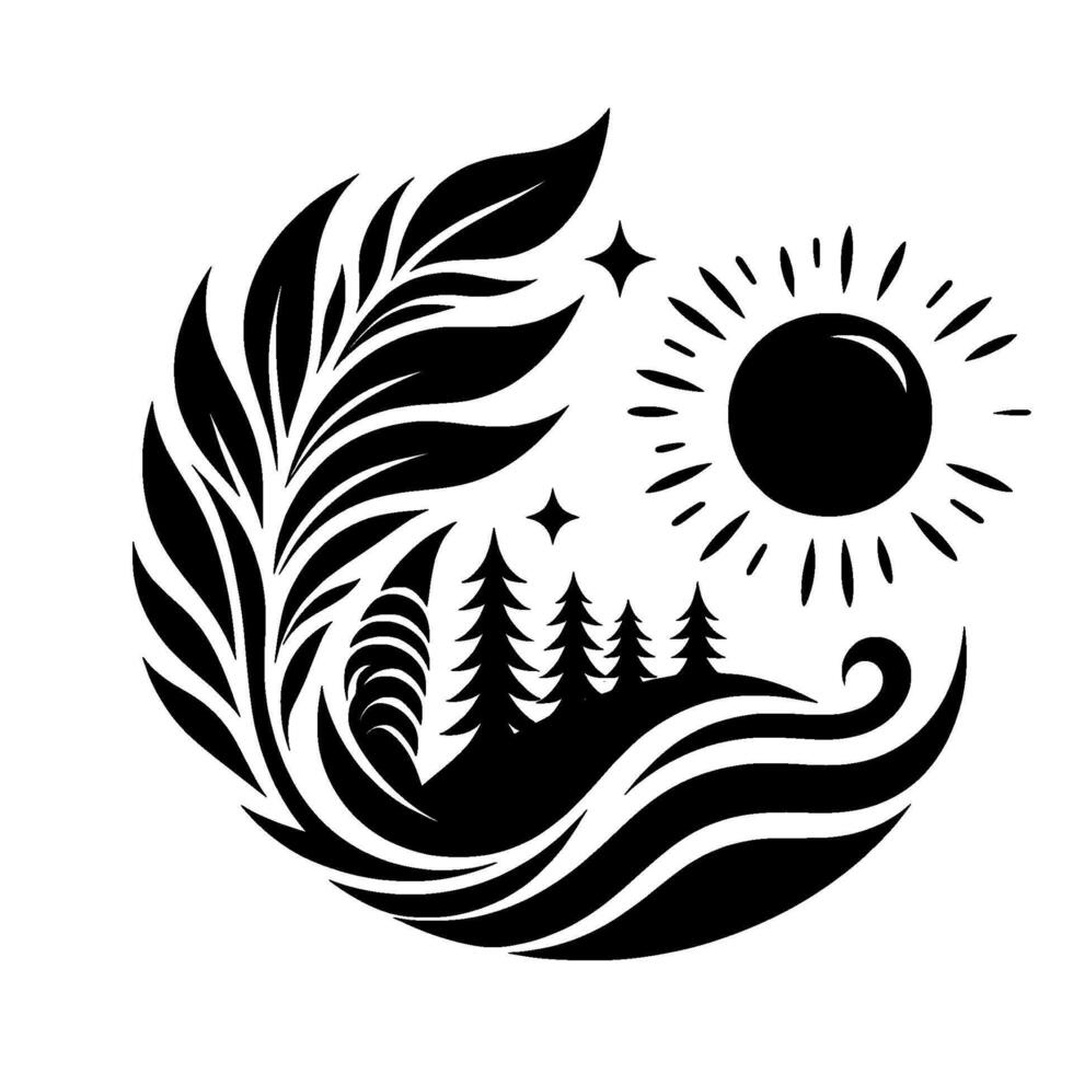 Black and white circular illustration of stylized nature scene, including sun, trees, foliage, stars, and swirling elements. vector
