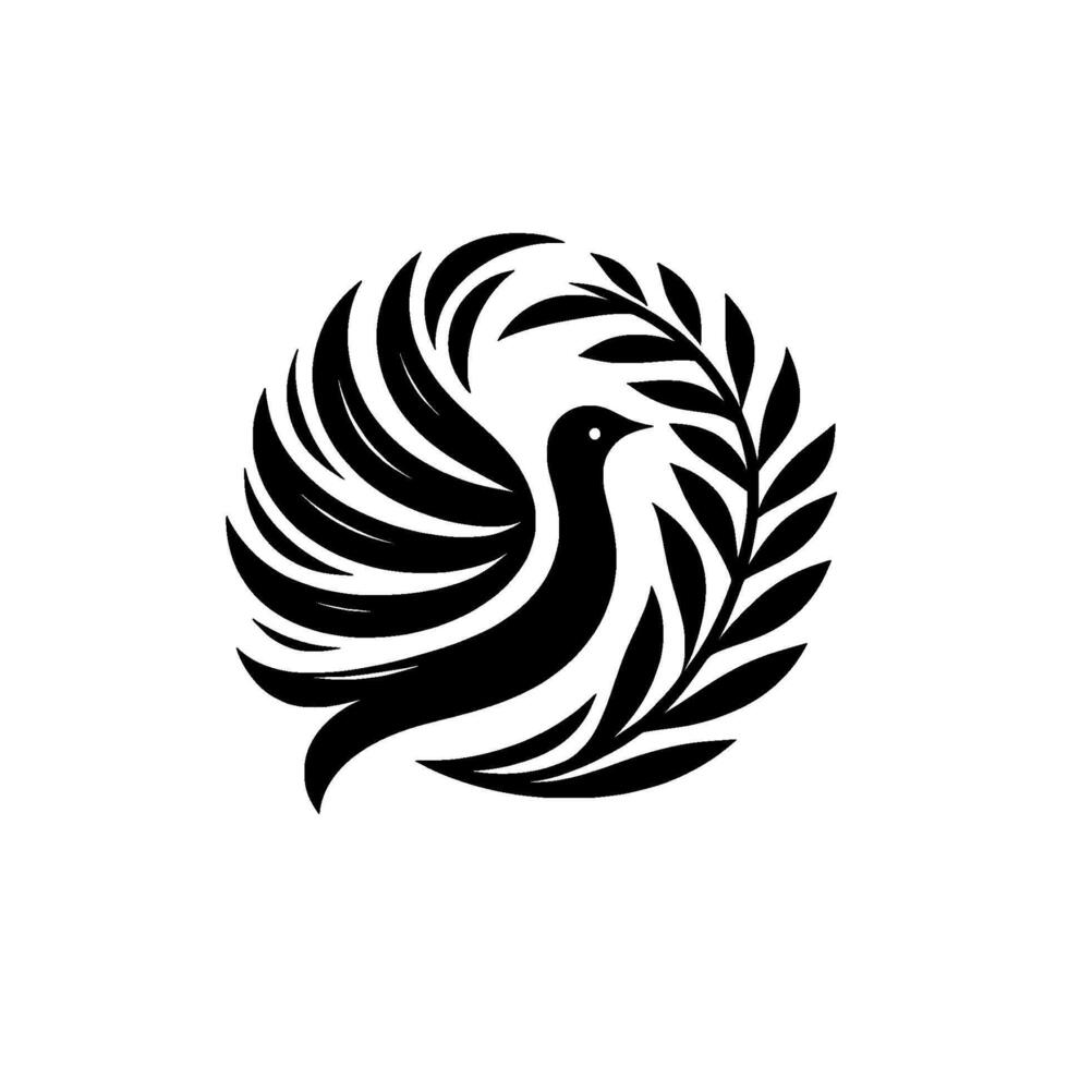 Elegant black and white dove encircled by olive branch, symbolizing peace and harmony in minimalist design. vector