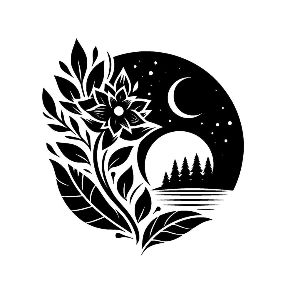 Black and White Floral Celestial Illustration Flower with leaves emerging from a circular night scene showing crescent moon, stars, lake and evergreen trees. vector