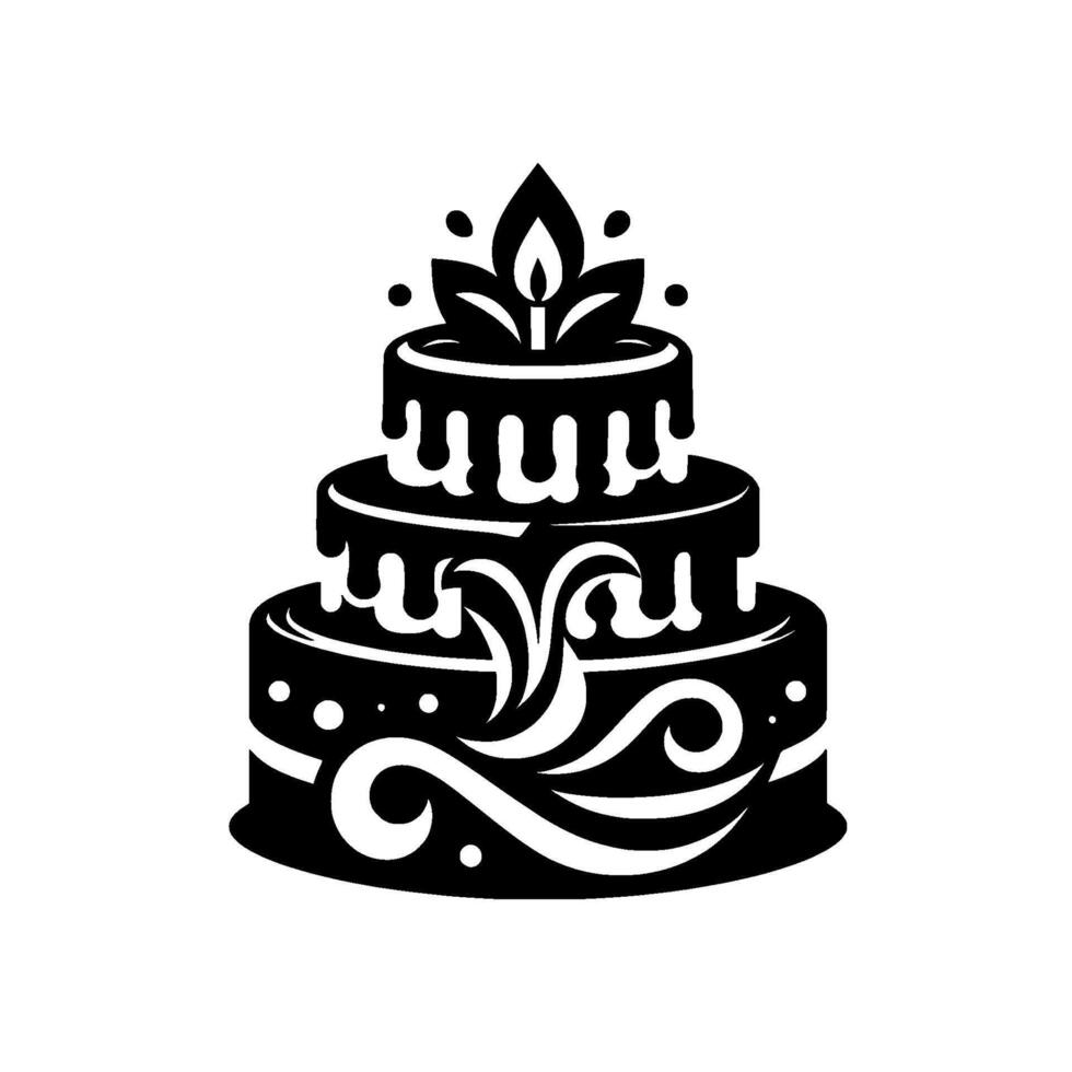 Elegant Tiered Cake with Decorative Frosting and Floral Topper in Black and White, on White Backdrop vector