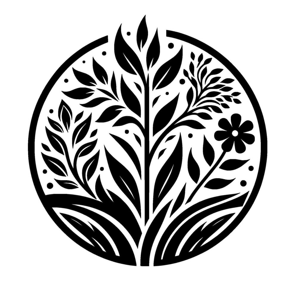 Black and white circular featuring stylized botanical elements foliage, floral, and grass. vector