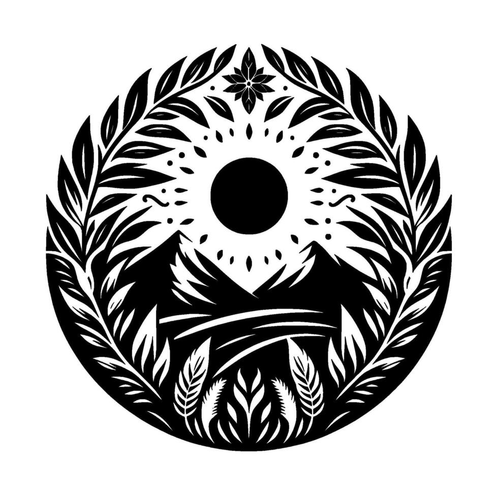 Circular Black and White Silhouette Mountain Scene with Sun, Floral Foliage Frame, and Botanical Elements. vector
