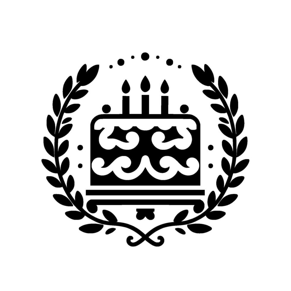 Elegant Black and White Birthday Cake in Laurel Wreath, Celebrating Special Occasions with Minimalist Design. vector