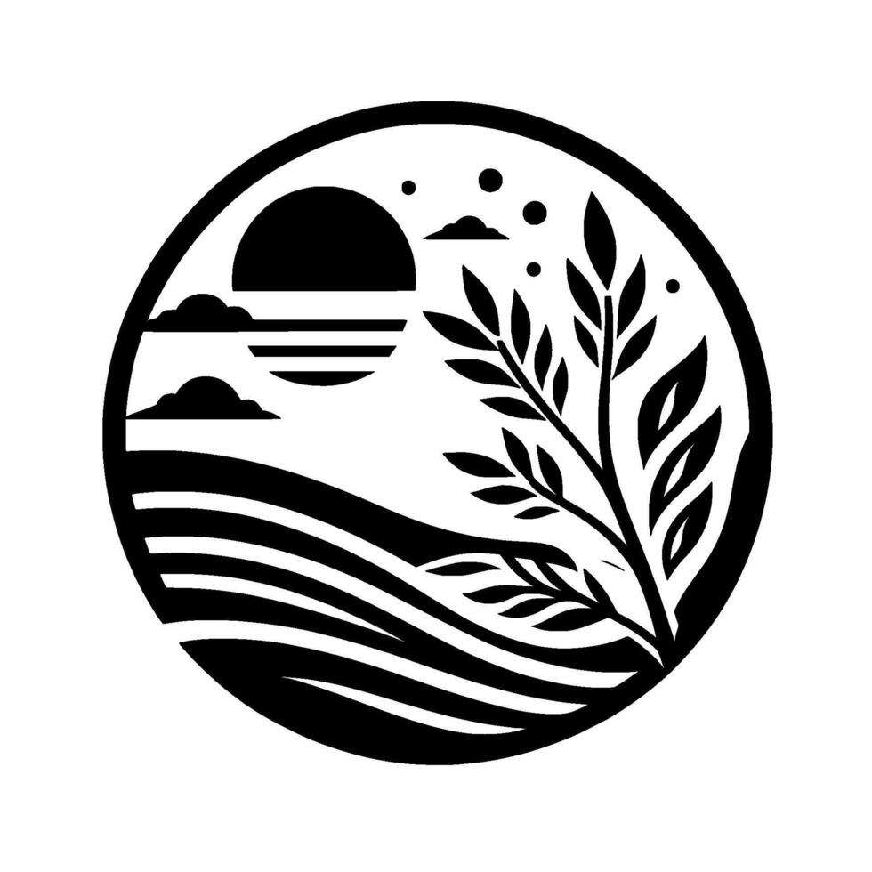 A Minimalist Black and White Circular Landscape Depicting a Sun, Clouds, Fields, and a Branch of Leaves, Evoking Peace vector