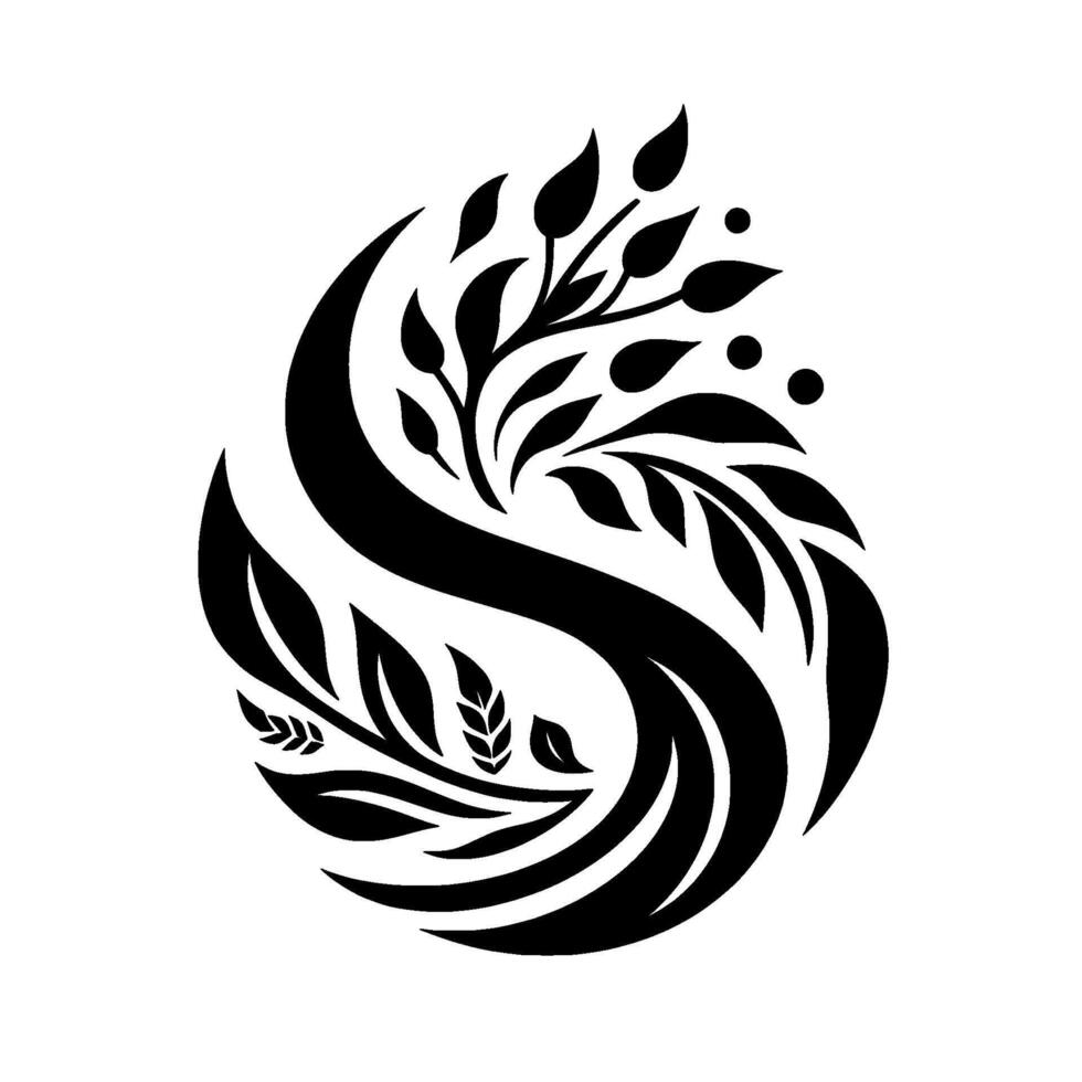 YinYang Composition Black botanical swirl with leaves and stylized plants, forming a balanced organic silhouette on white background. vector