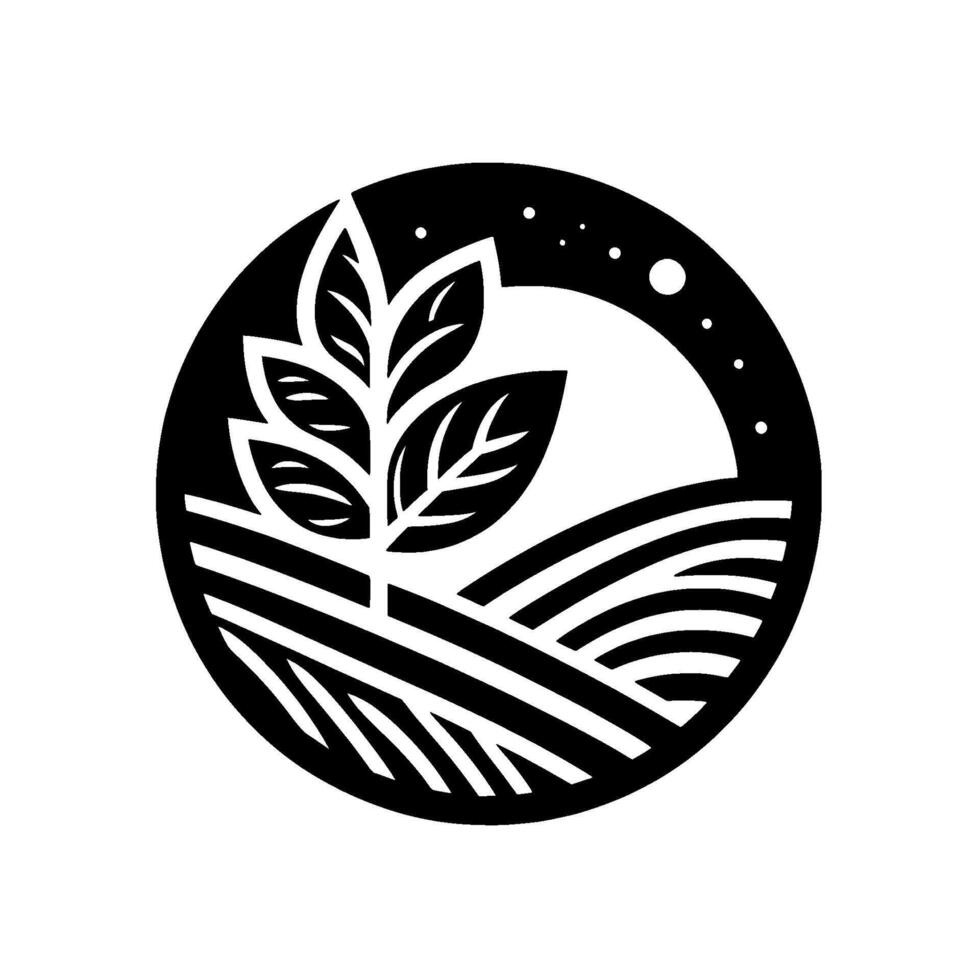 Black and white circular of a growing plant with leaves above stylized fields, a starry sky backdrop. vector