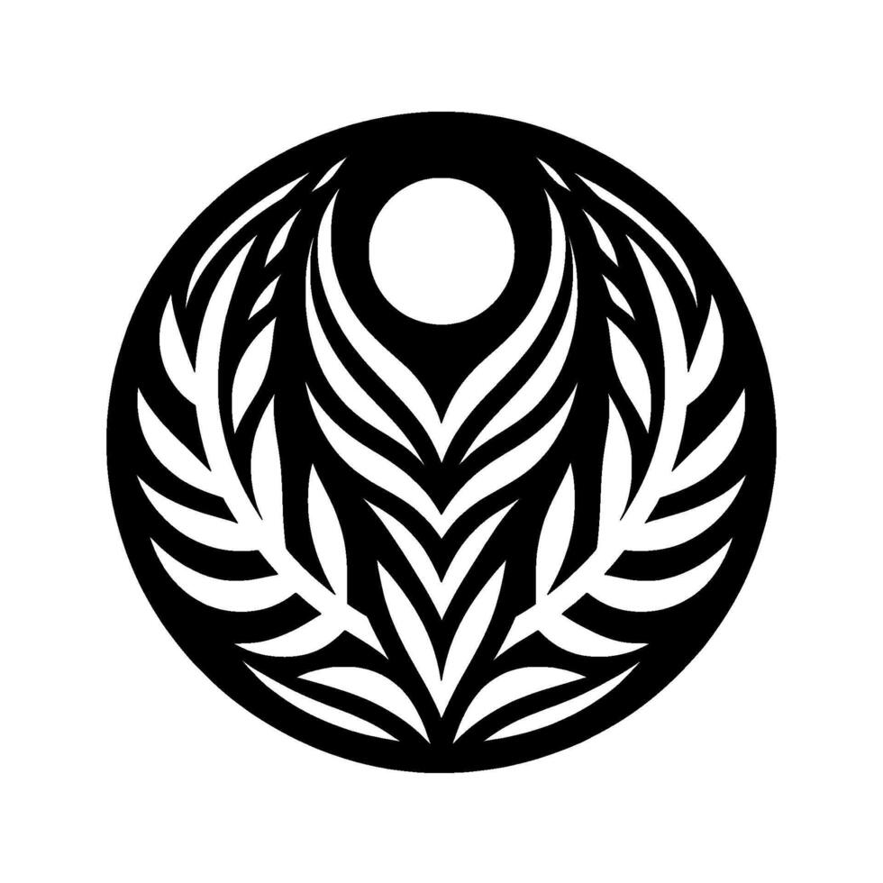 Intricate symmetrical circular black and white featuring a central circle framed by stylized leaflike patterns and shapes. vector