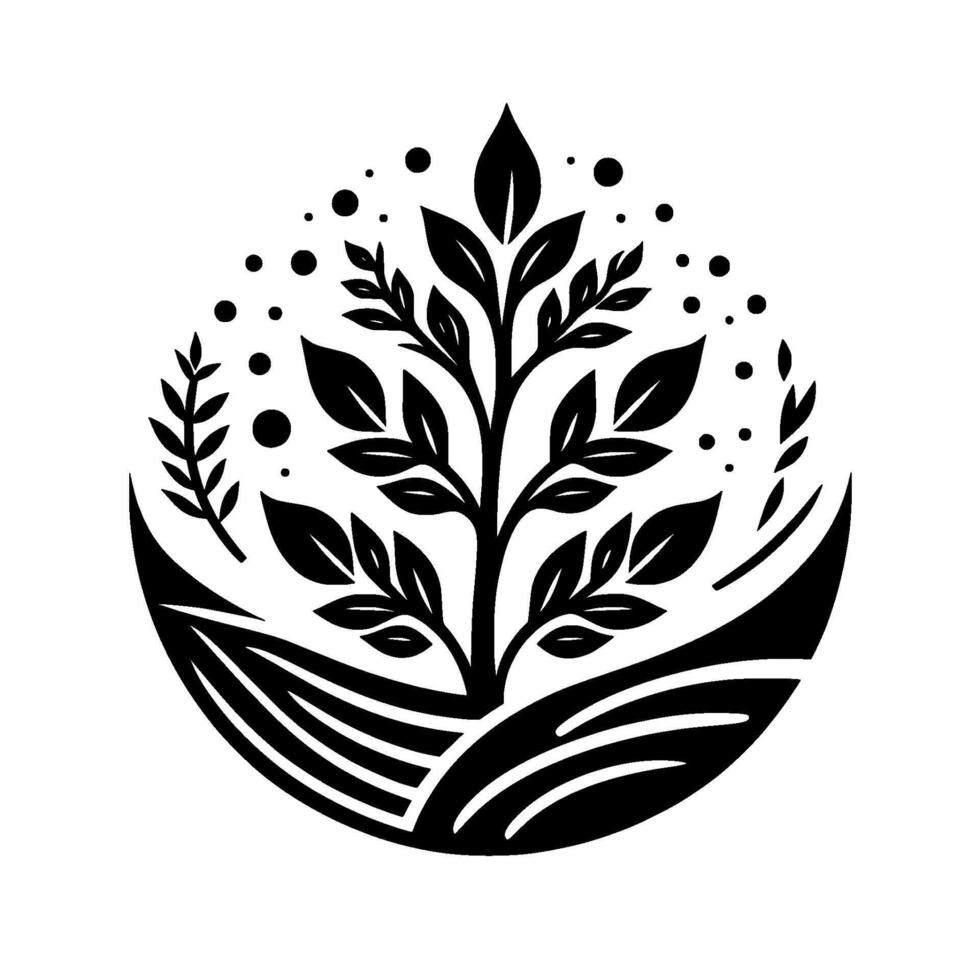Monochromatic Illustration stylized plant symbol, tree design, surrounded by field, dots, and sprigs, creating nature, organic, and growth imagery. vector