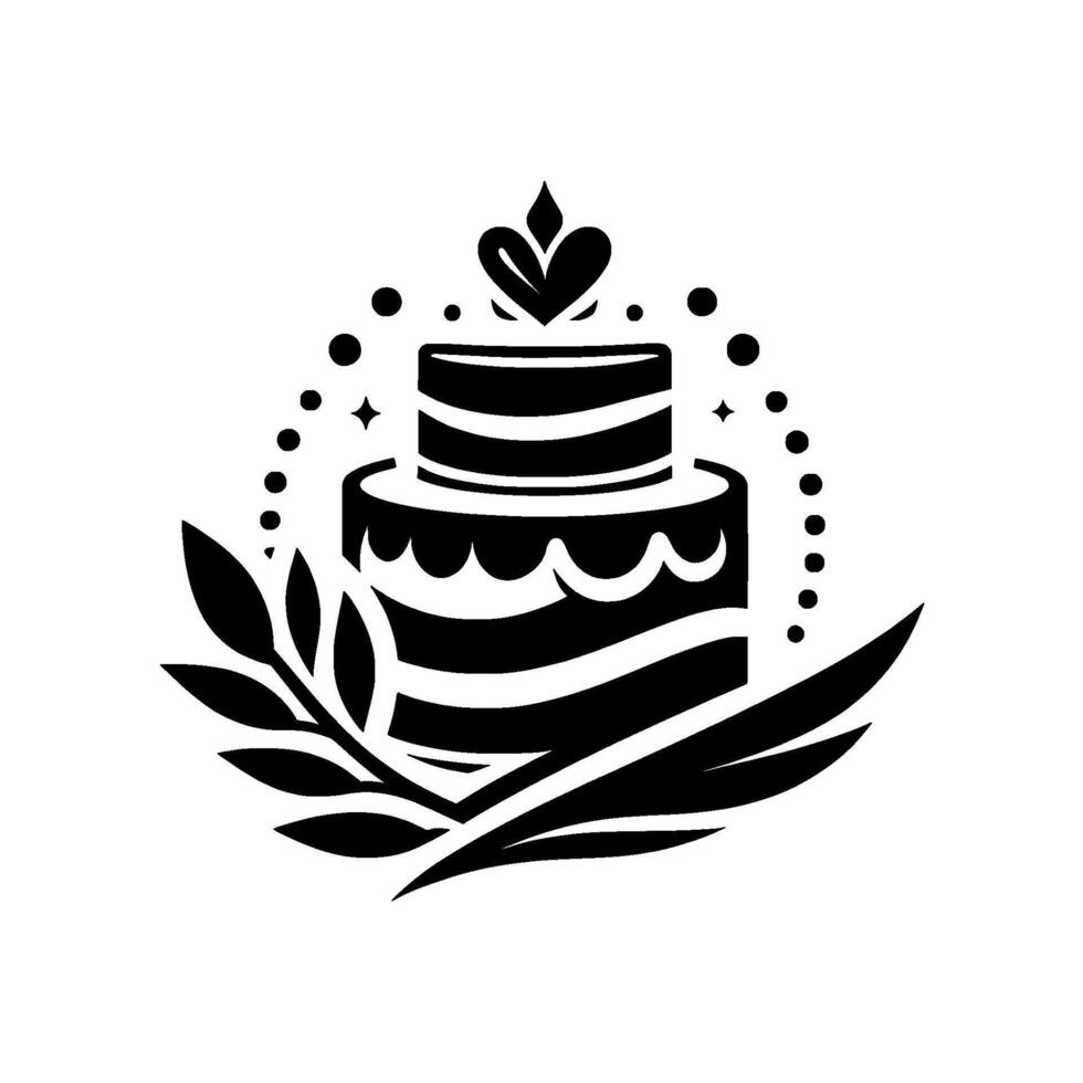 Elegant Black and White Design Twotiered Cake Adorned with Heart Topper, Dots, Leaves, and Stars, Perfect for Weddings or Celebrations. vector