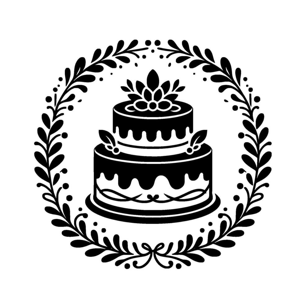 Black and White Illustration of a TwoTier Cake Decorated with Floral and Leaf Elements, Enclosed in a Circular Wreath. vector