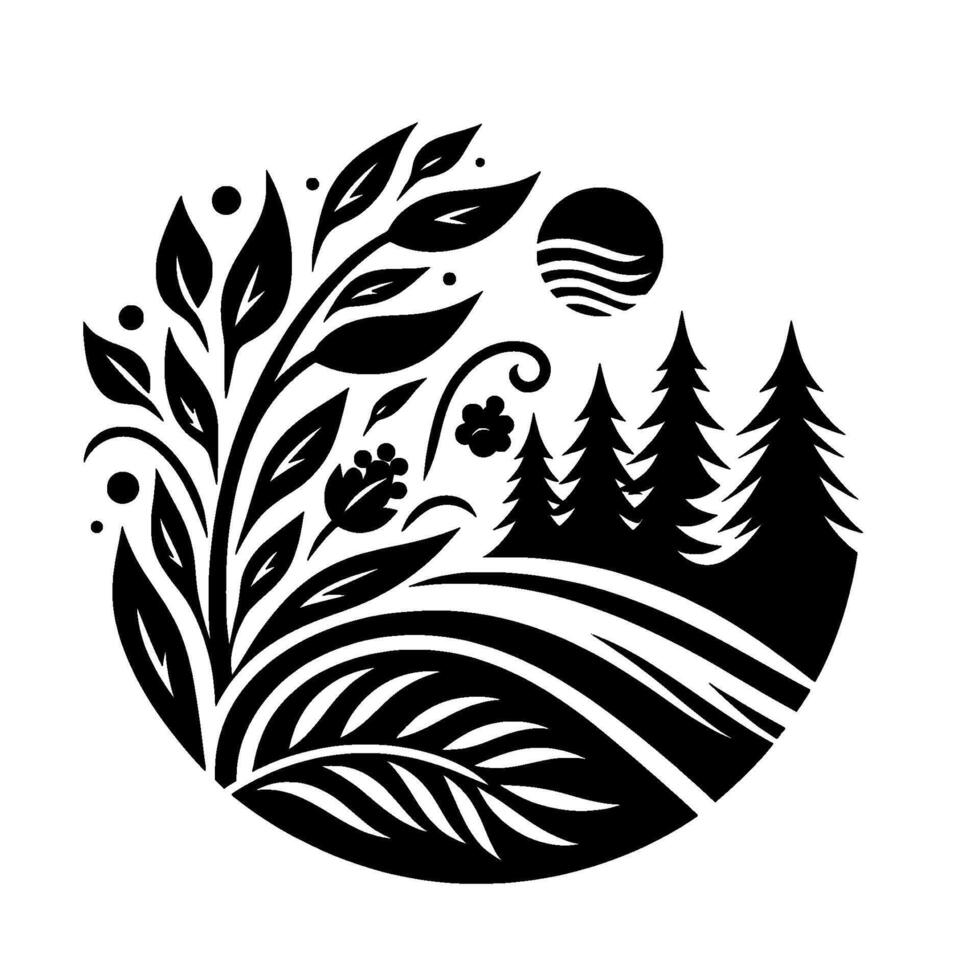 Black and White Circular Illustration of Nature Scene Trees, Plants, Sun, Flowers, and Foliage within a Round Composition. vector