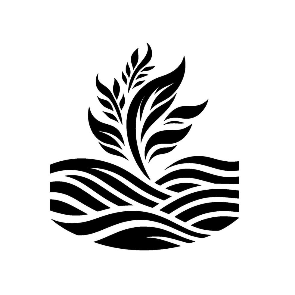 Stylized Black White Logo Plant with Lush Leaves Erupting from a Wavy, Striped Base, Modern, Minimalist Design. vector