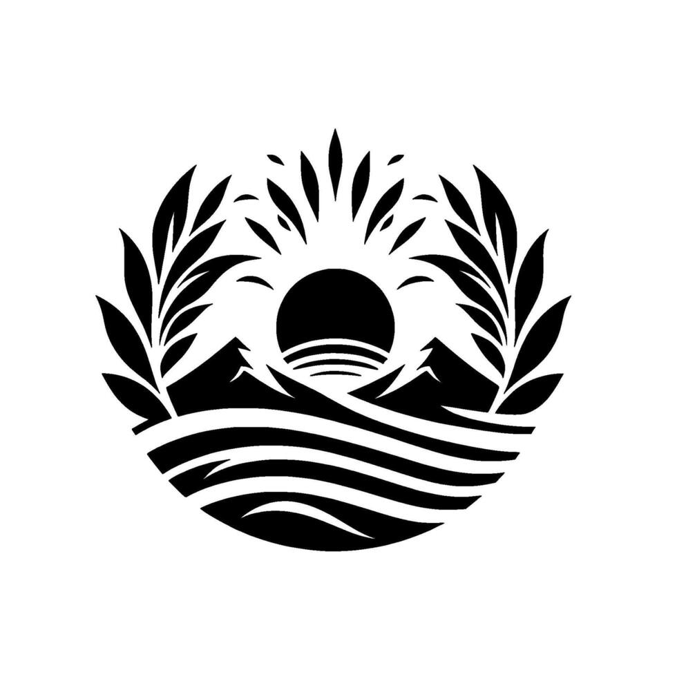 Stylized Black and White Emblem Sun Rising Over Mountain Range Encircled by Laurel Branches, NatureThemed Concept. vector
