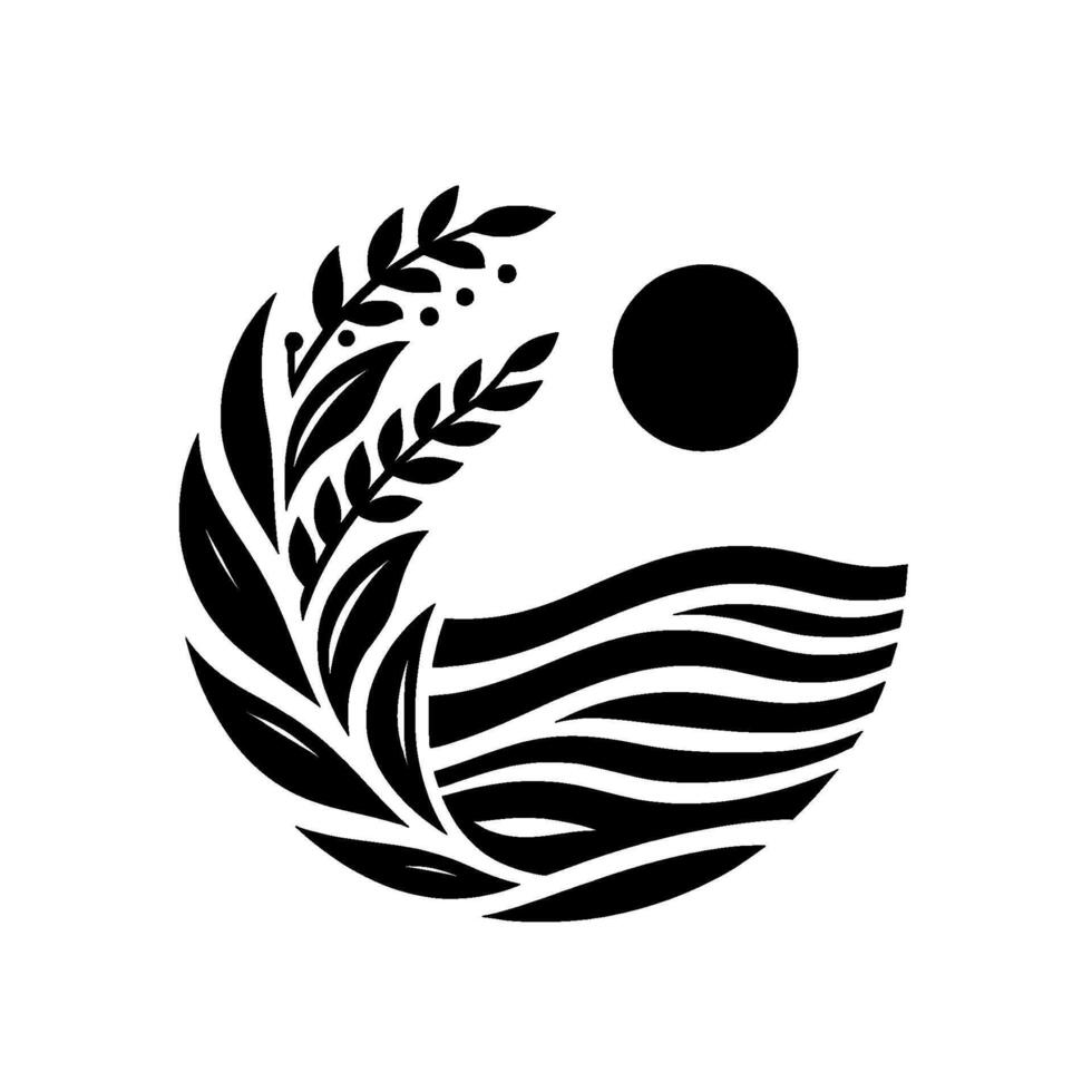Minimalist black and white illustration of a halfcircle landscape with leaves, sun, and water, suggesting nature and tranquility. vector