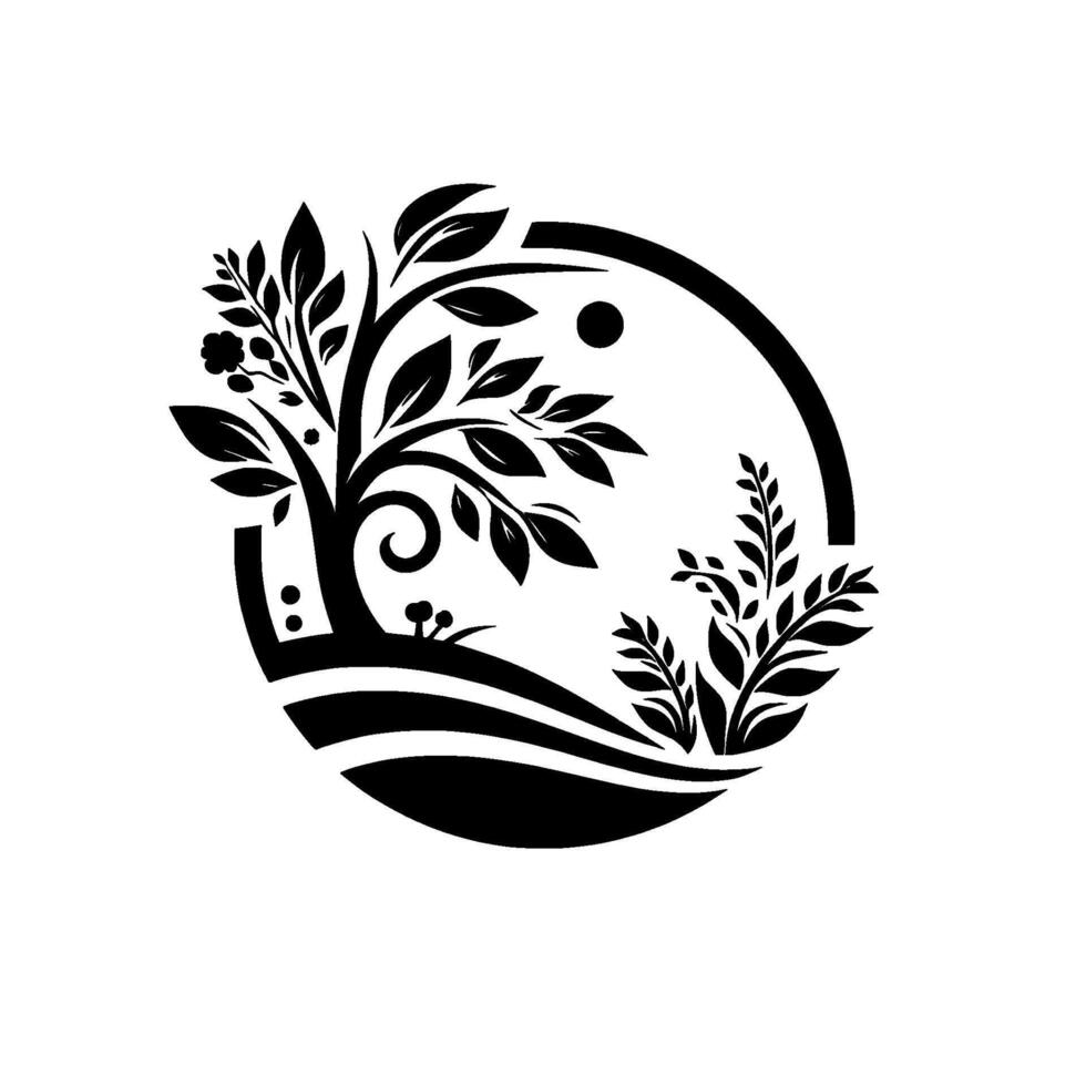 Black White Stylized Nature Scene Tree, Plants, and Landscape inside a Circle, Evoking Organic Harmony and Clean Aesthetics. vector