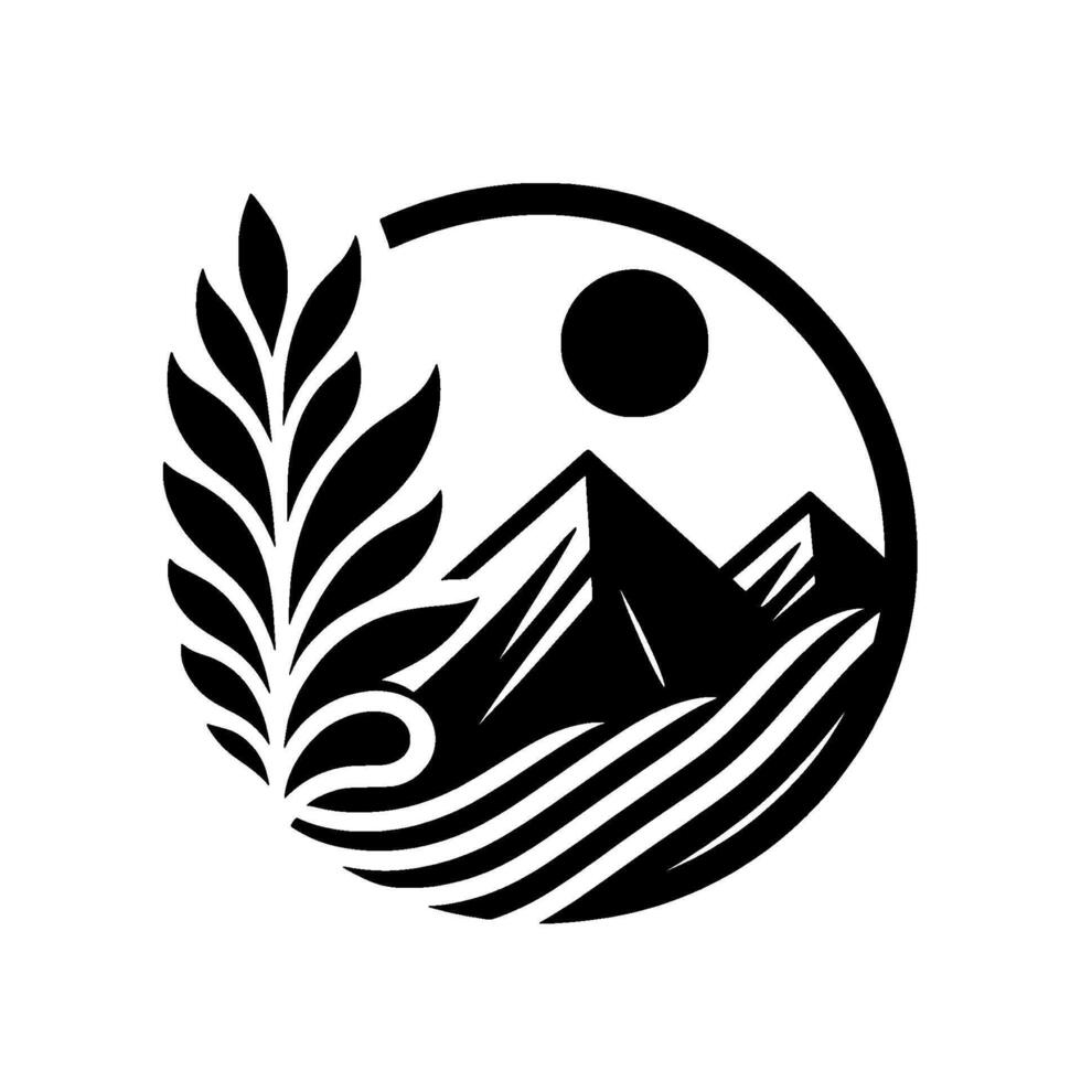 Minimalist Black and White Circular Illustration Mountain Scene with Leafy Branch, Sun, and Flowing Water. vector
