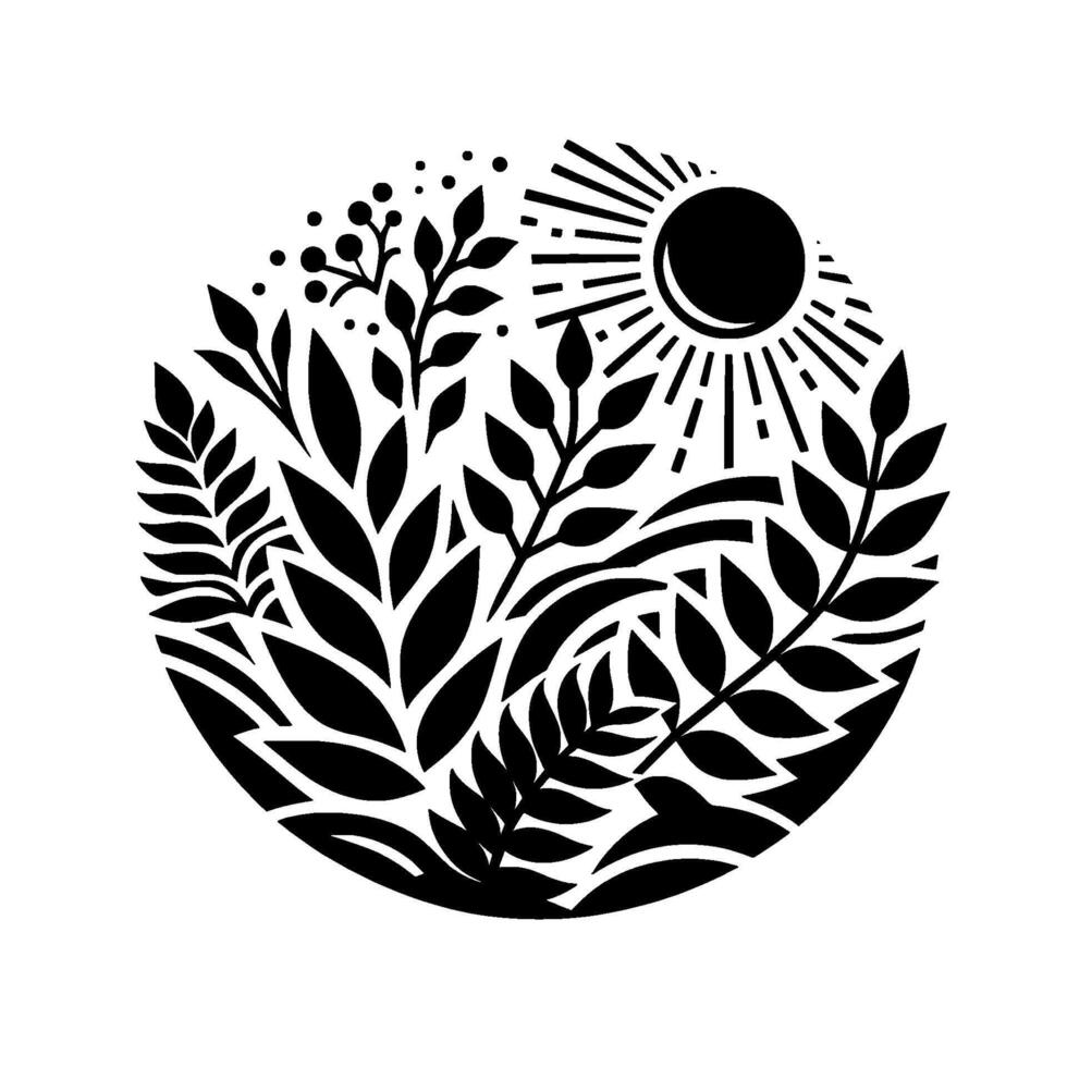 Black and White Circular Illustration of a Sun, Foliage, and Berries, Representing Natures Harmony and Growth. vector
