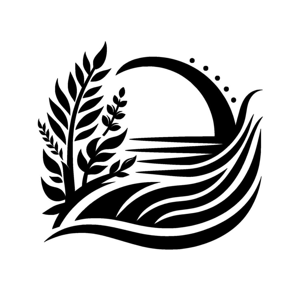 Black and white stylized composition featuring leafy plant, arching sun, and water, evoking a sense of serenity and harmony. vector