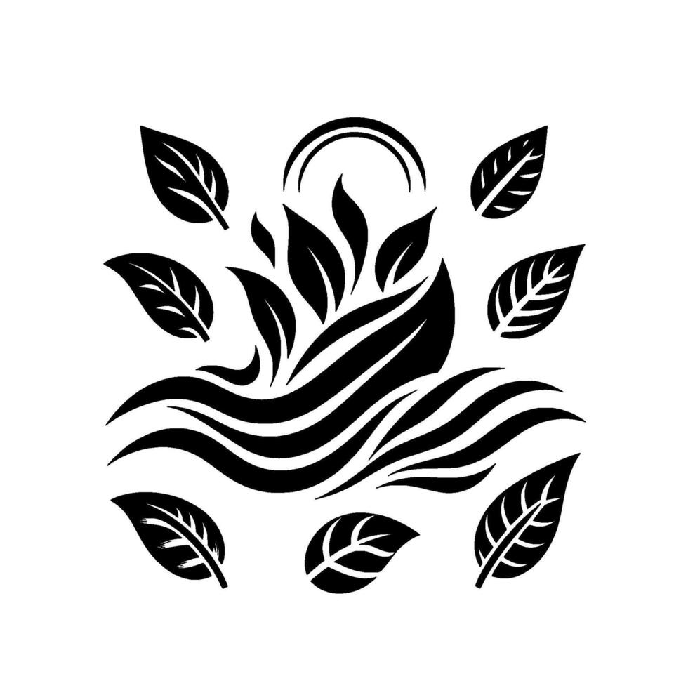 Abstract black and white floral featuring leaves and stylized waves, suggesting natures harmony on white background. vector
