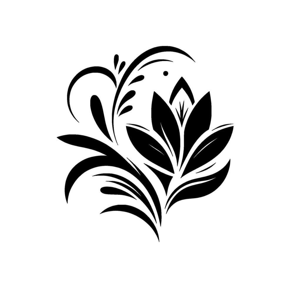 Elegant Black and White Floral Design A symmetrical stylized illustration of leaves, swirls, and decorative details on a pristine white background. vector