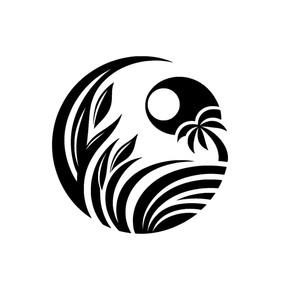 Abstract Black and White Circular Composition Palm Tree Silhouette, Bladelike Foliage, and Sun Motif Evoking a Peaceful Tropical Scene. vector