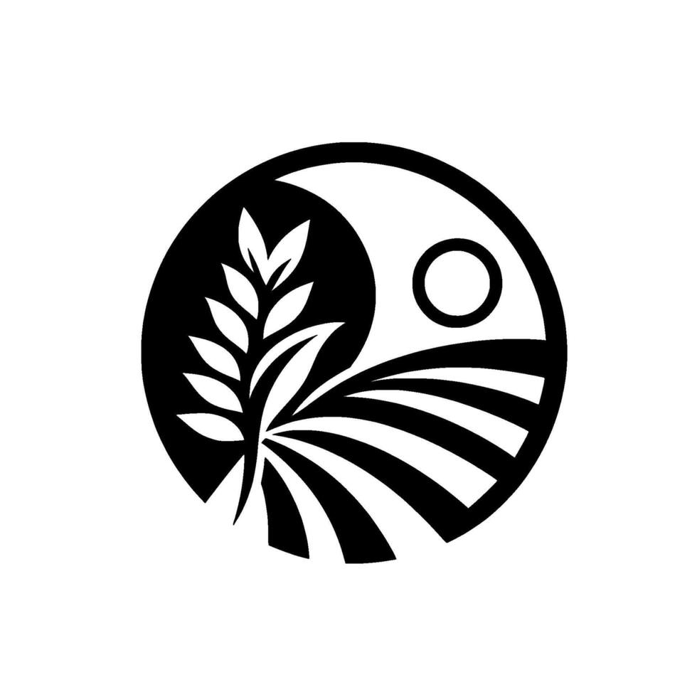 Stylized Yin Yang emblem combining a grain stalk and a cultivated field with a rising sun, presented in a circular, minimalist design. vector
