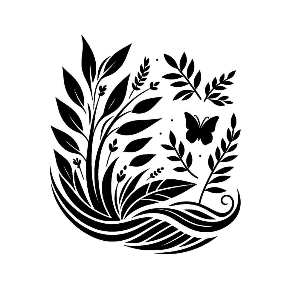 Elegant black and white botanical illustration featuring leafy branches, delicate sprigs, and a butterfly silhouette, evoking natures tranquility. vector