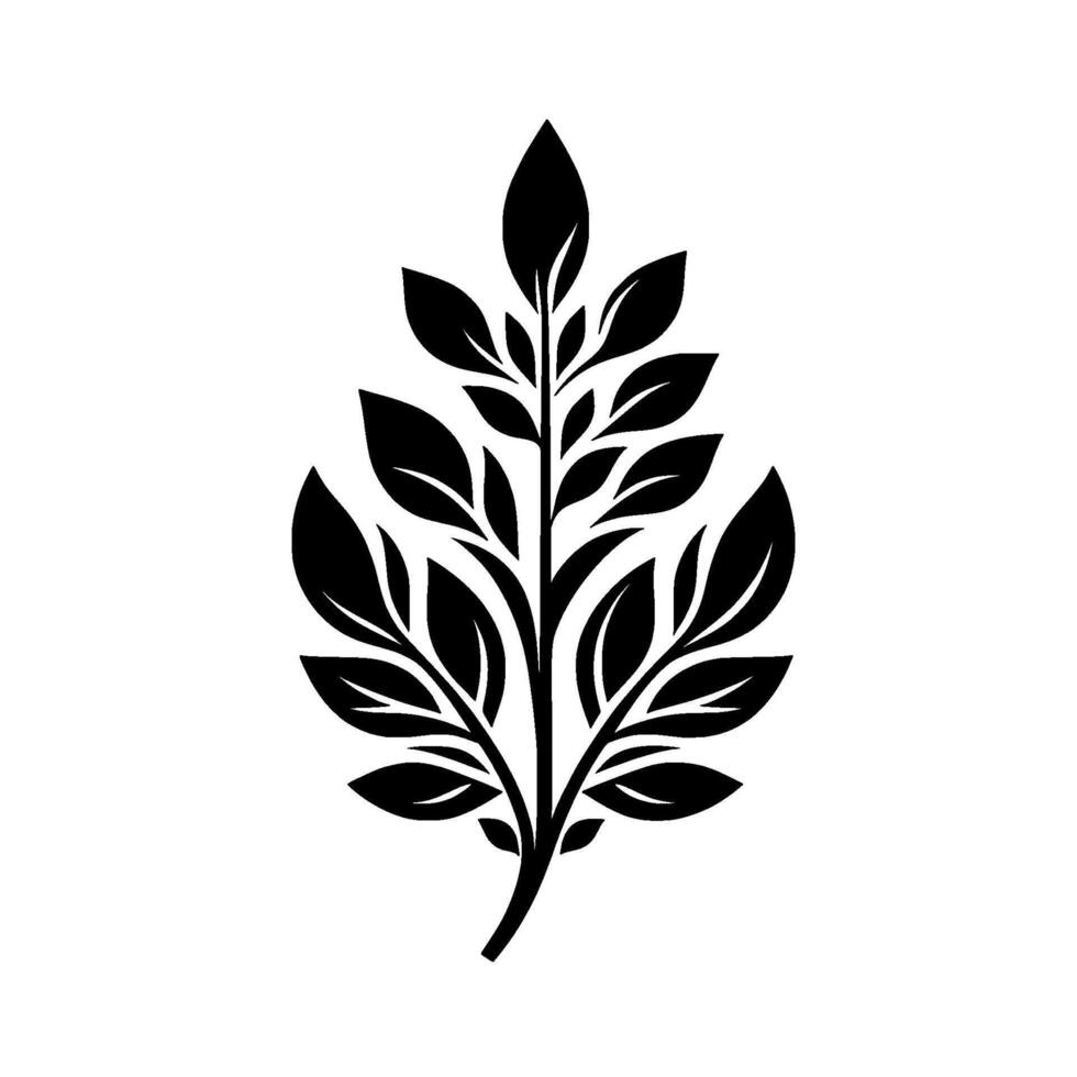 Black minimalist illustration of a stylized leaf branch, showcasing symmetrical against a clean white background. vector