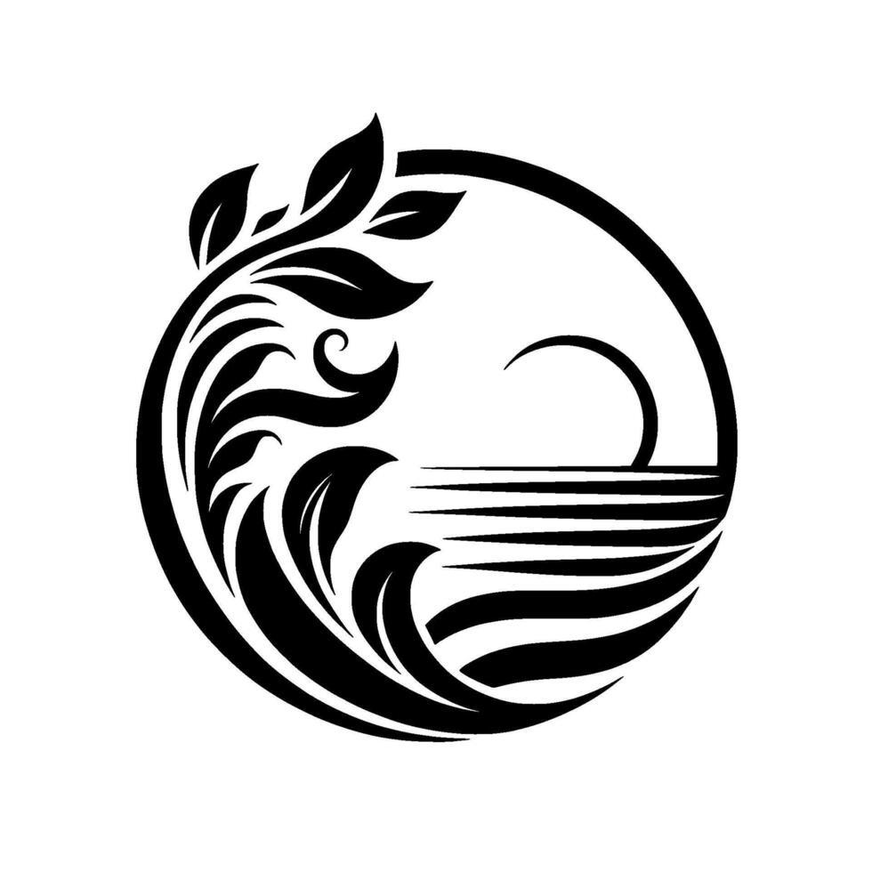 A stylized black and white depicting leaves and waves within a circle, evoking natures beauty and serene harmony. vector