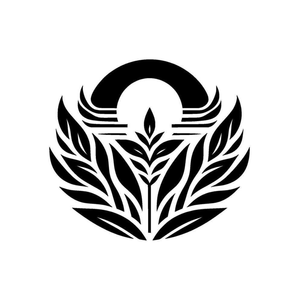 Black and white stylized botanical emblem with a central plant and a stylized arch, evoking nature and balance. vector