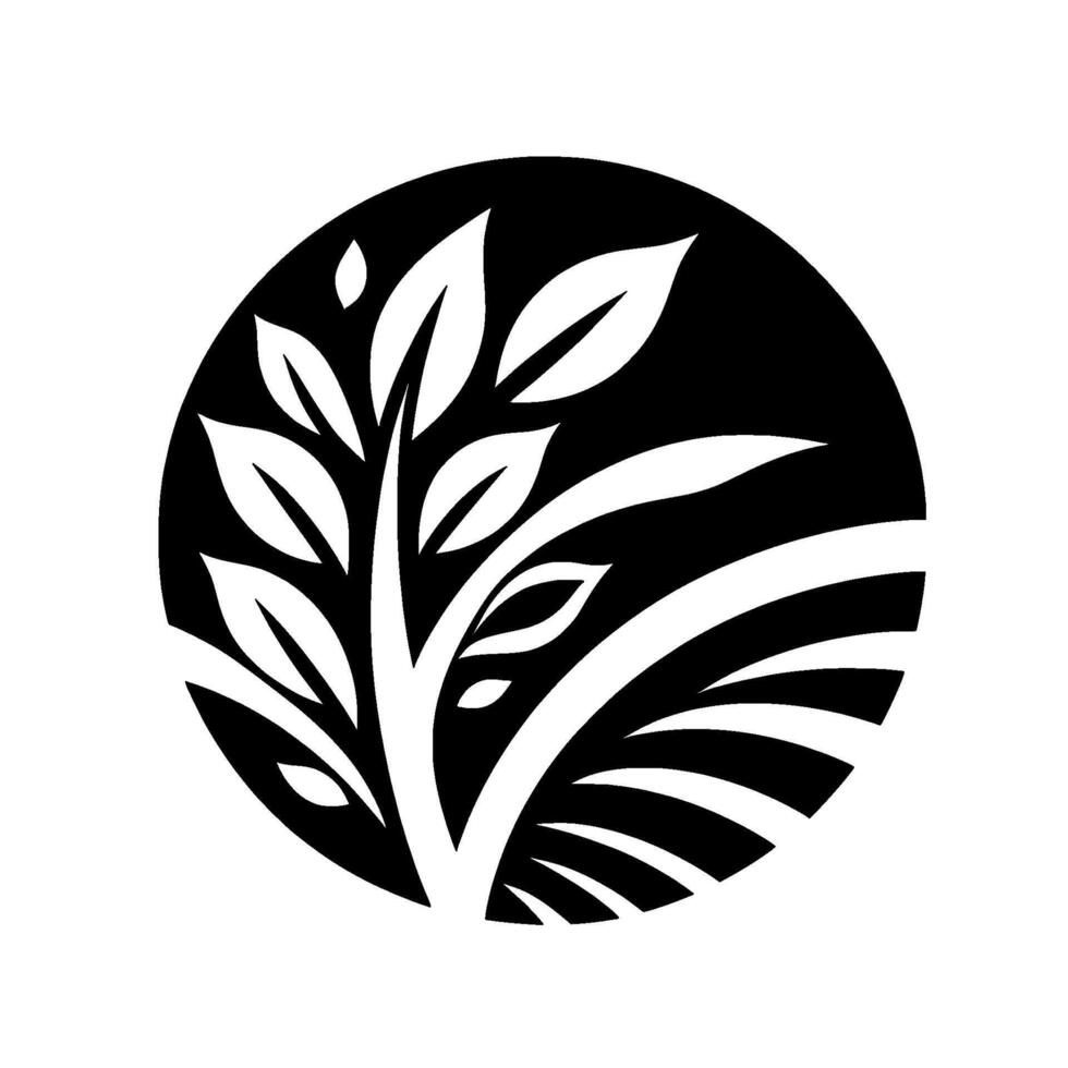 Bold Black and White Illustration of a Plant Within a Circle, Featuring Leaves and Curved Lines, Symbolizing Nature Growth. vector