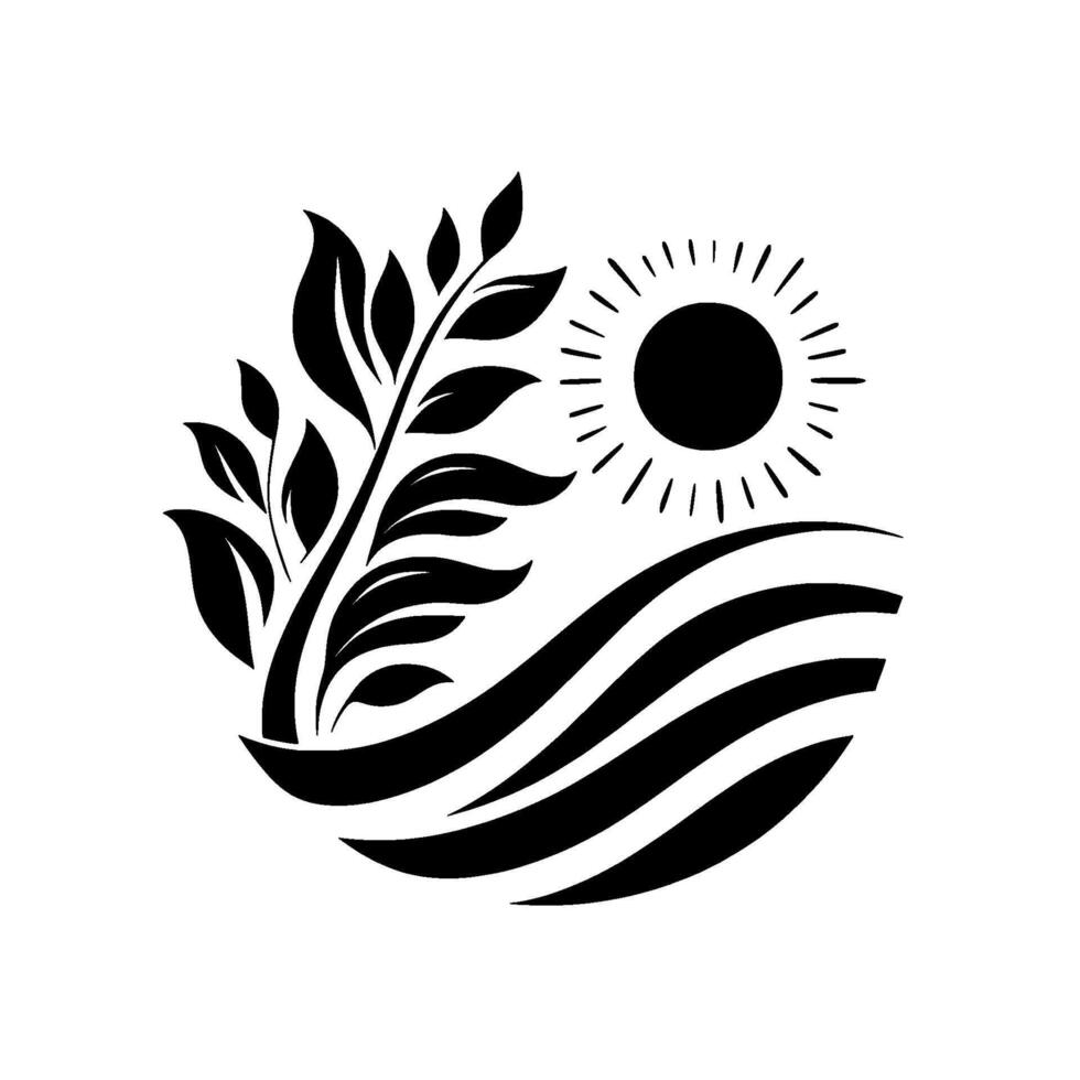 Black and White Stylized Nature Scene Depicting a Leafy Plant, Rising Sun, and Flowing Lines, Minimalist Design. vector