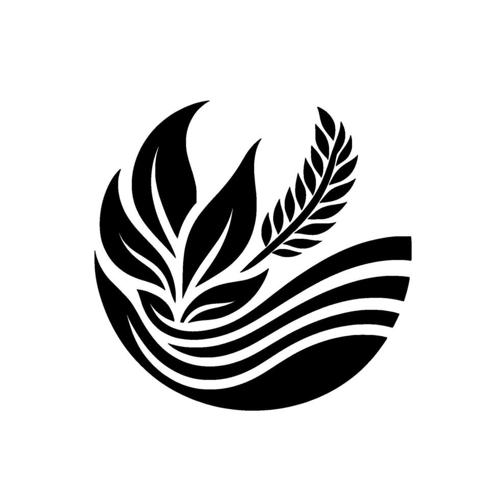 Black and White Logo Stylized Leaves and Wheat Stalk Emerging from Curved, Striped Base, Representing Growth Nature vector