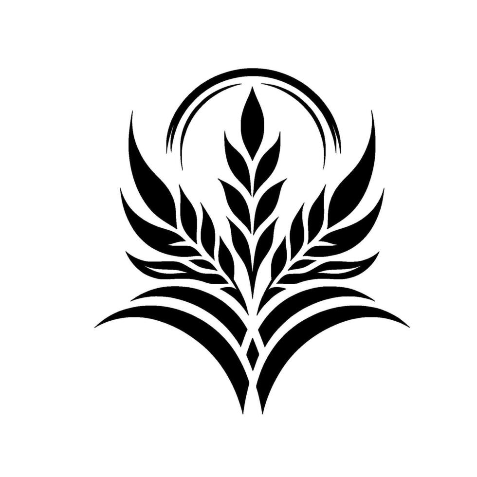 A symmetrical black and white floral emblem featuring stylized leaves, arched halo, and lines on a white background. vector