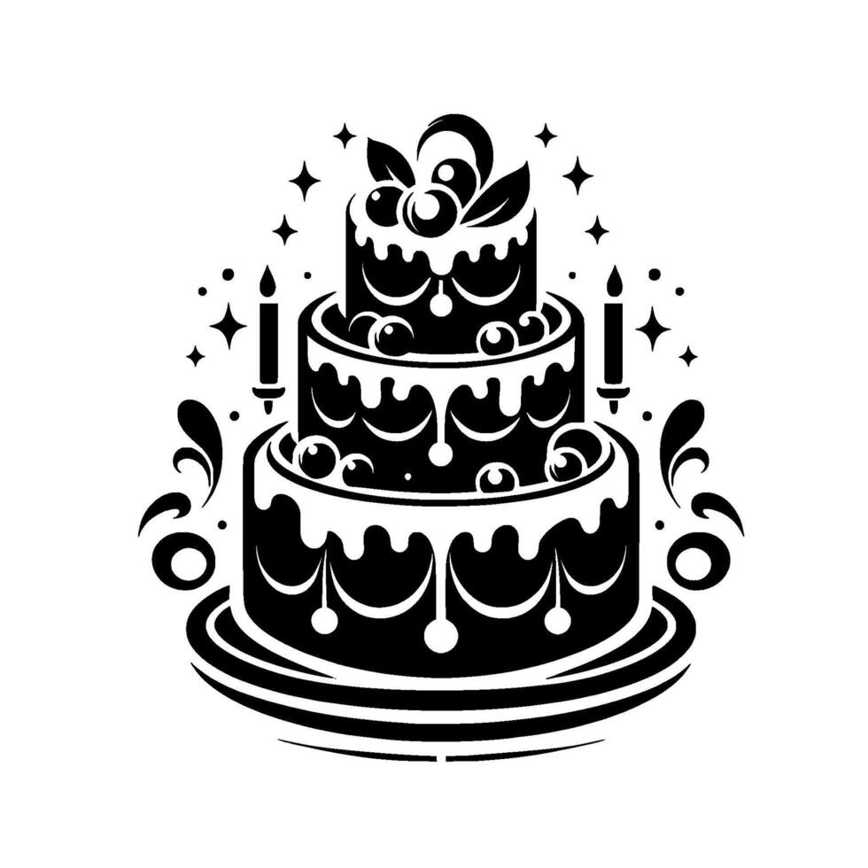 Black and White, ThreeTiered Celebration Cake with Cherries, Candles, and Decorative Elements in Style. vector