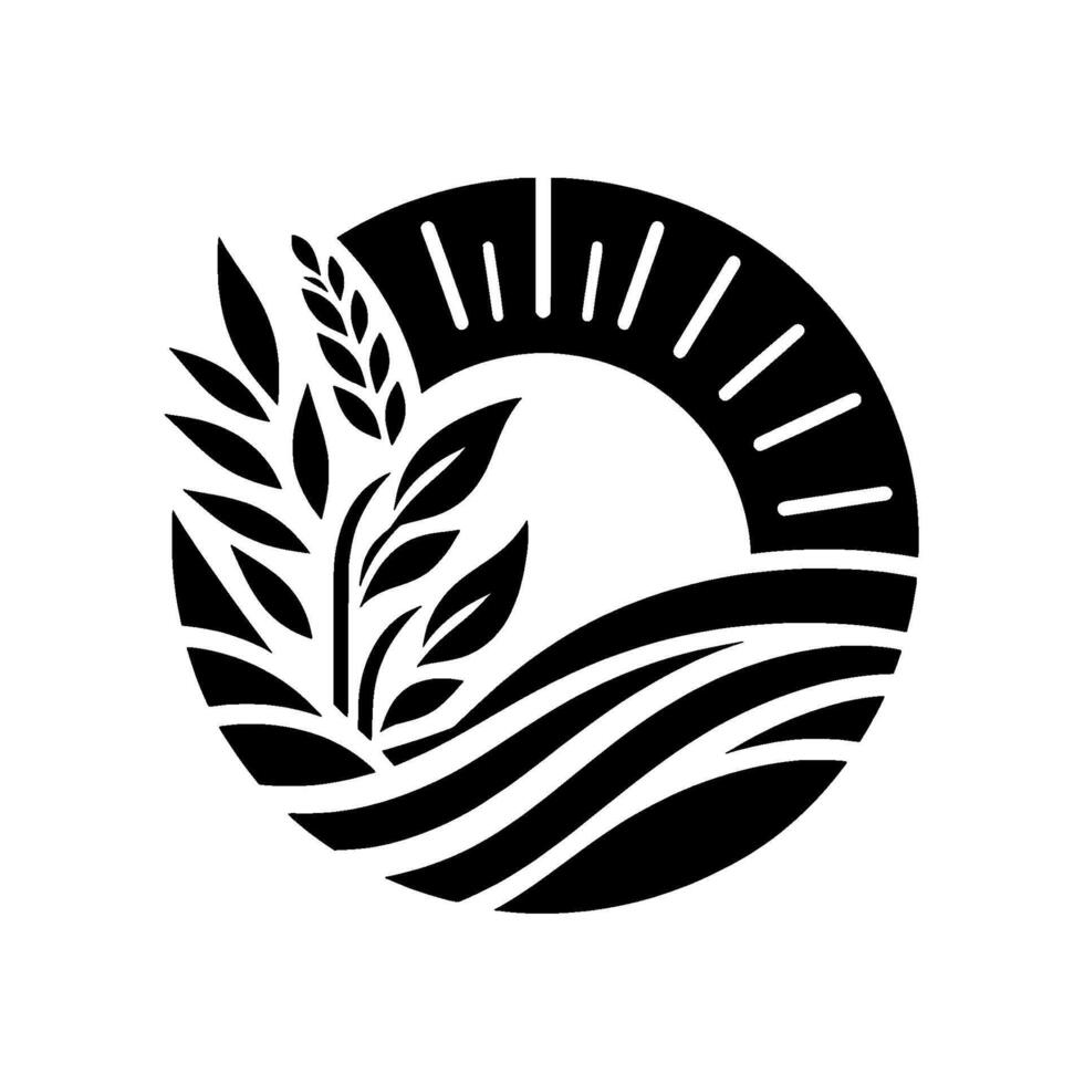 Stylized Black and White Circular Featuring Wheat, Sun, and Rolling Landscape Emphasizing Agriculture and Natures Bounty. vector