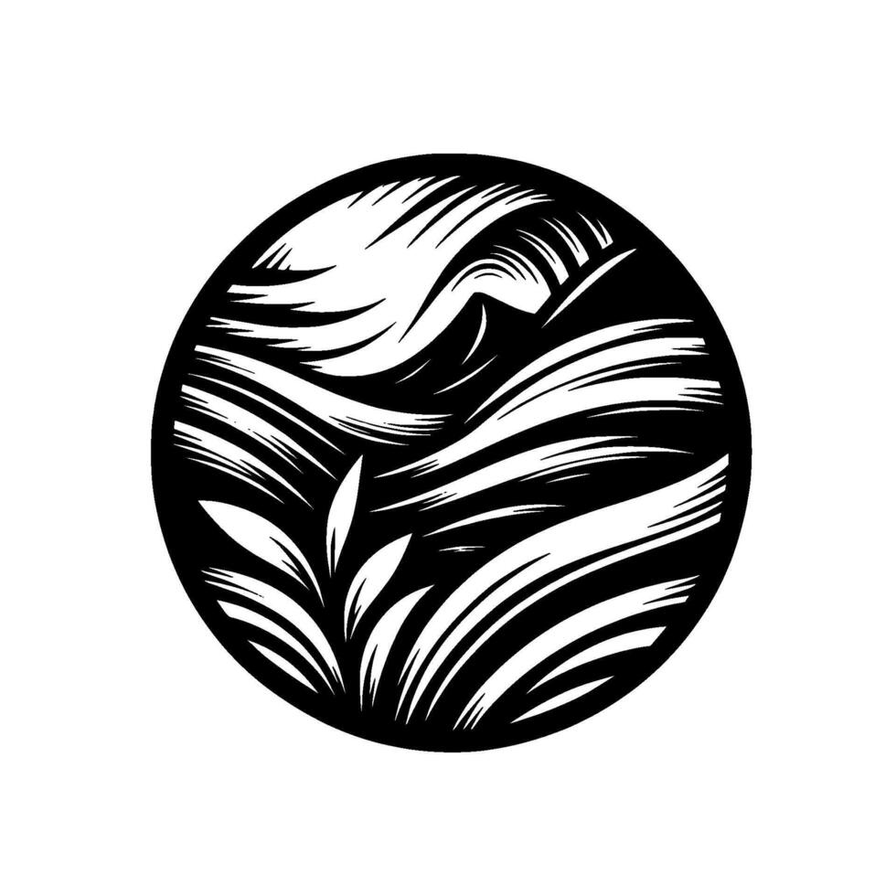 Stylized Black and White Circle Composition Windswept Mountain Flora, Brushstroke Aesthetic, Minimalist on White Background vector