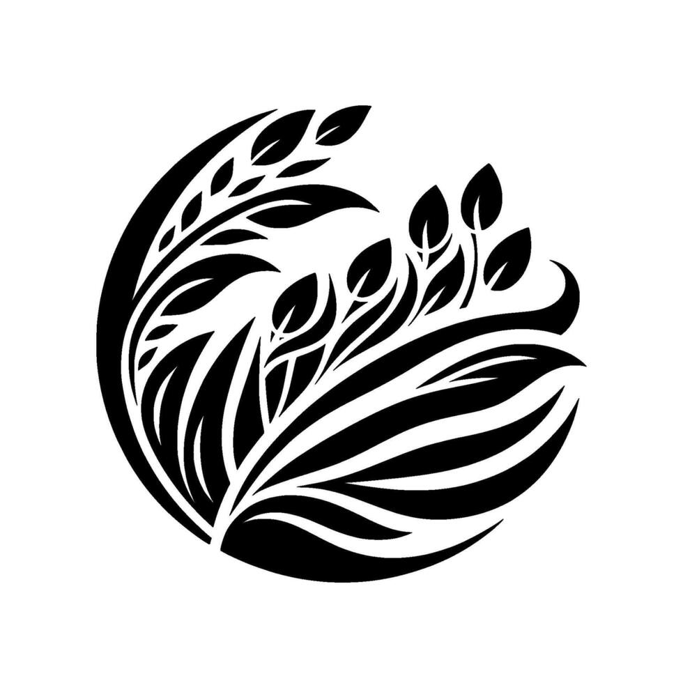 Symmetrical, bold, and stylized black floral design, arranged within a circular frame on a stark white canvas. vector