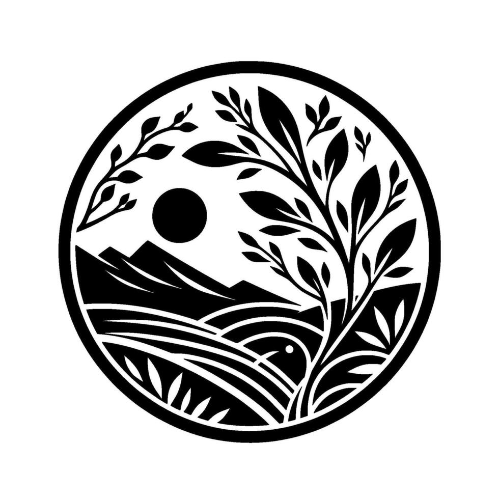Symbolic Black and White Circular Illustration of Landscape Sun over Mountains, Fields, Branching Foliage. vector