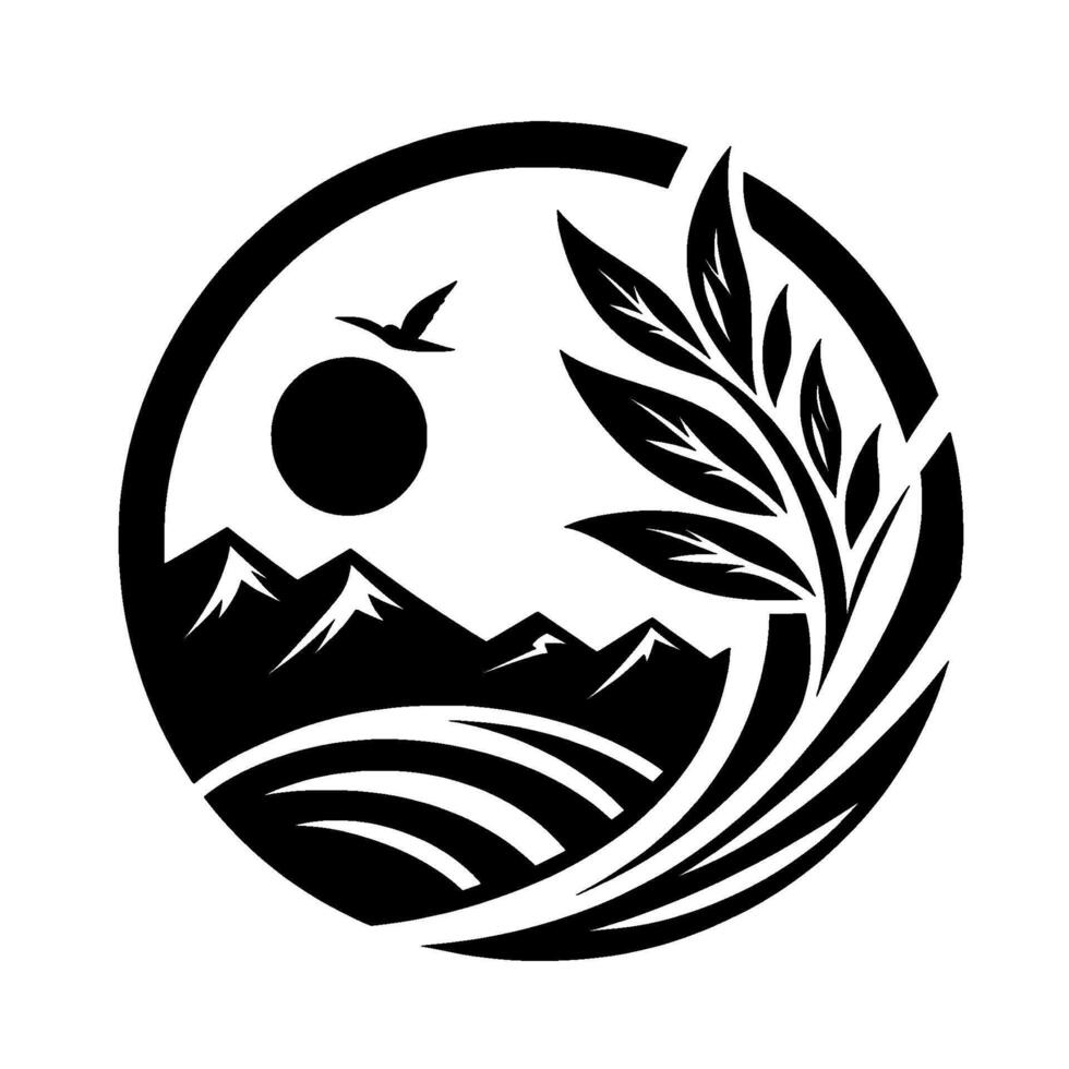 A circular, minimalist black and white landscape featuring mountains, a rising sun, a flying bird, and stylized foliage. vector