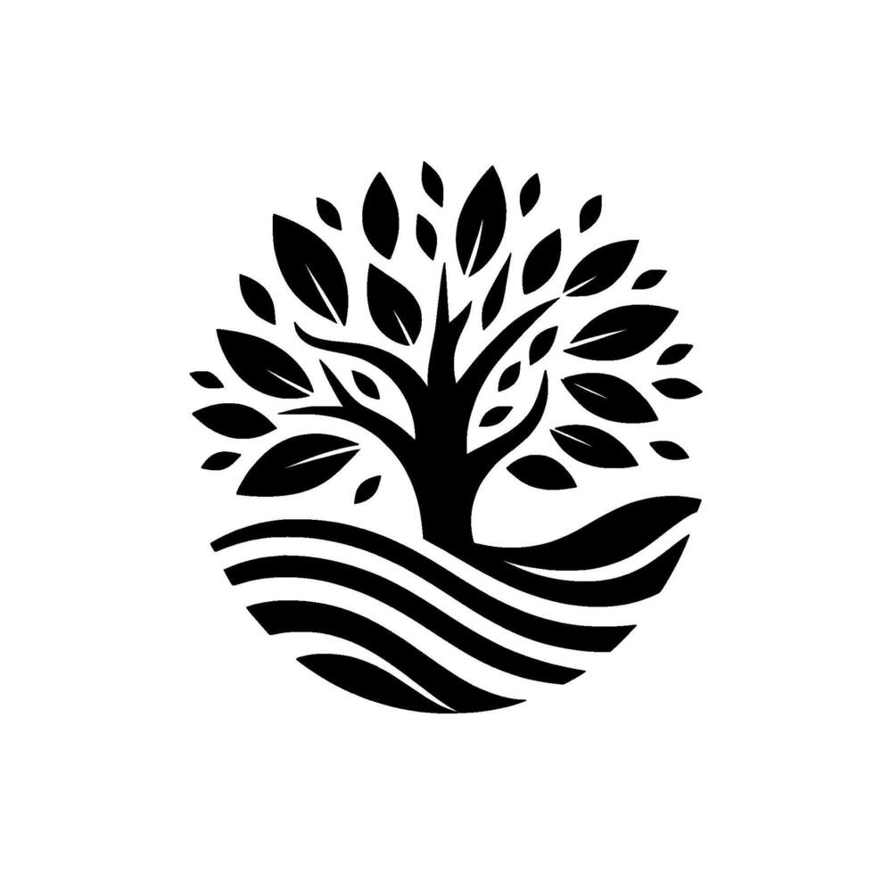 Monochrome Circular Logo Stylized Tree with Lush Foliage Over Serpentine Ground, Set Against White, Clean Background. vector