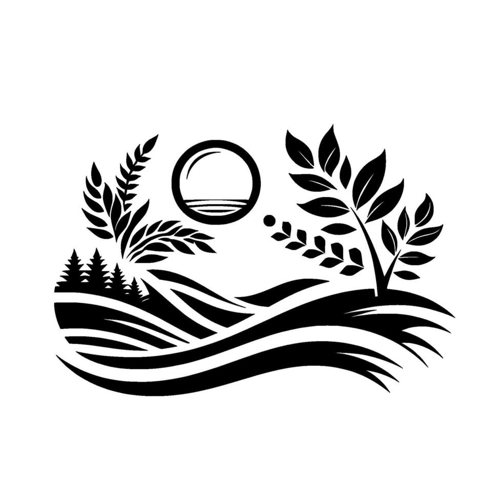 Black and white stylized landscape illustration with rolling hills, trees, foliage, a sun, and minimalistic elements. vector
