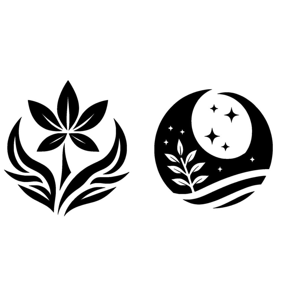 Elegant Black White Set Stylized Floral Night Sky Designs in Circular and Botanical Forms on White Background. vector