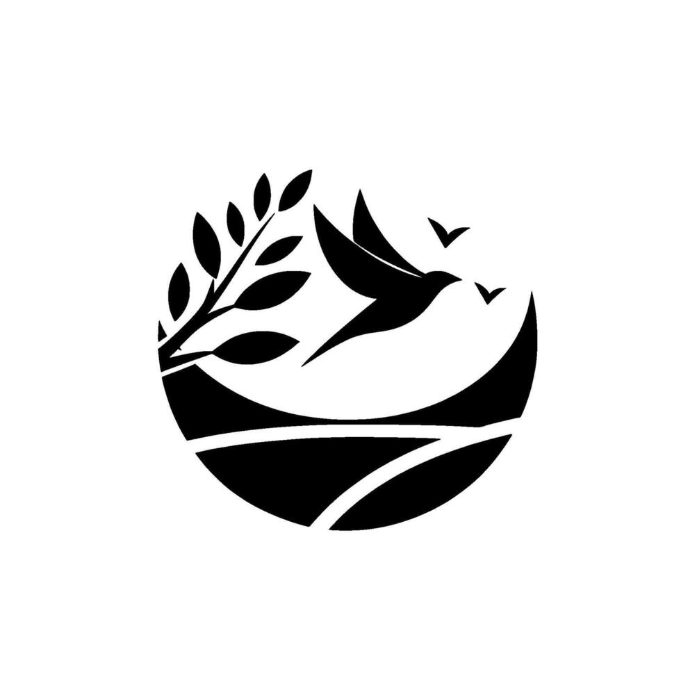Black and White Circular Depicting a Bird in Flight with a Branch, over a Landscape of Fields, Representing Peace and Harmony. vector